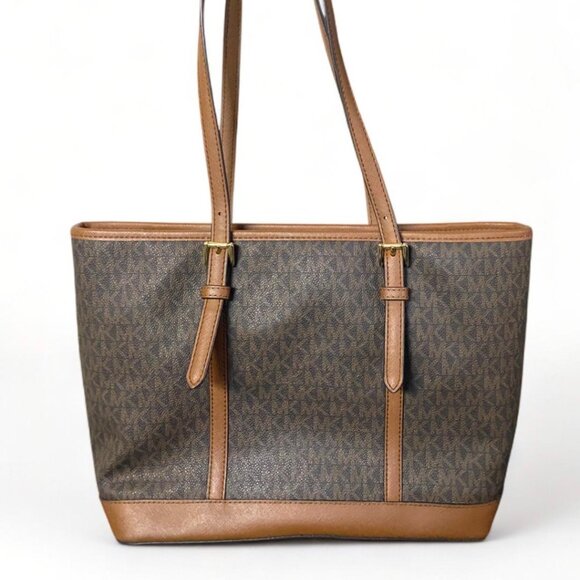 MICHAEL KORS -Leather Med Shoulder Handbag Tote Bag Brown MK Signature Purse - Picture 3 of 5